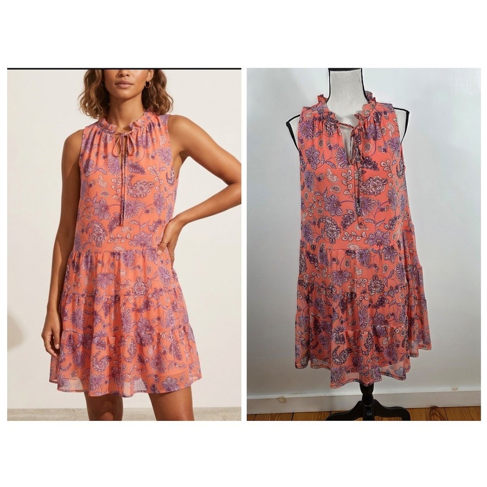 Harper 241 Tiered Mini Dress Women Size S Coral Orange Floral Paisley Oversized